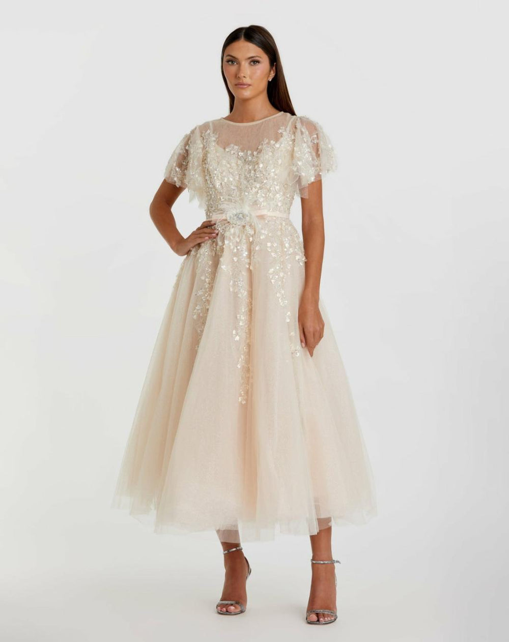 Cocktail Dresses | Women Mac Duggal Embellished Flutter Sleeve Bow Waist A Line Dress Nude