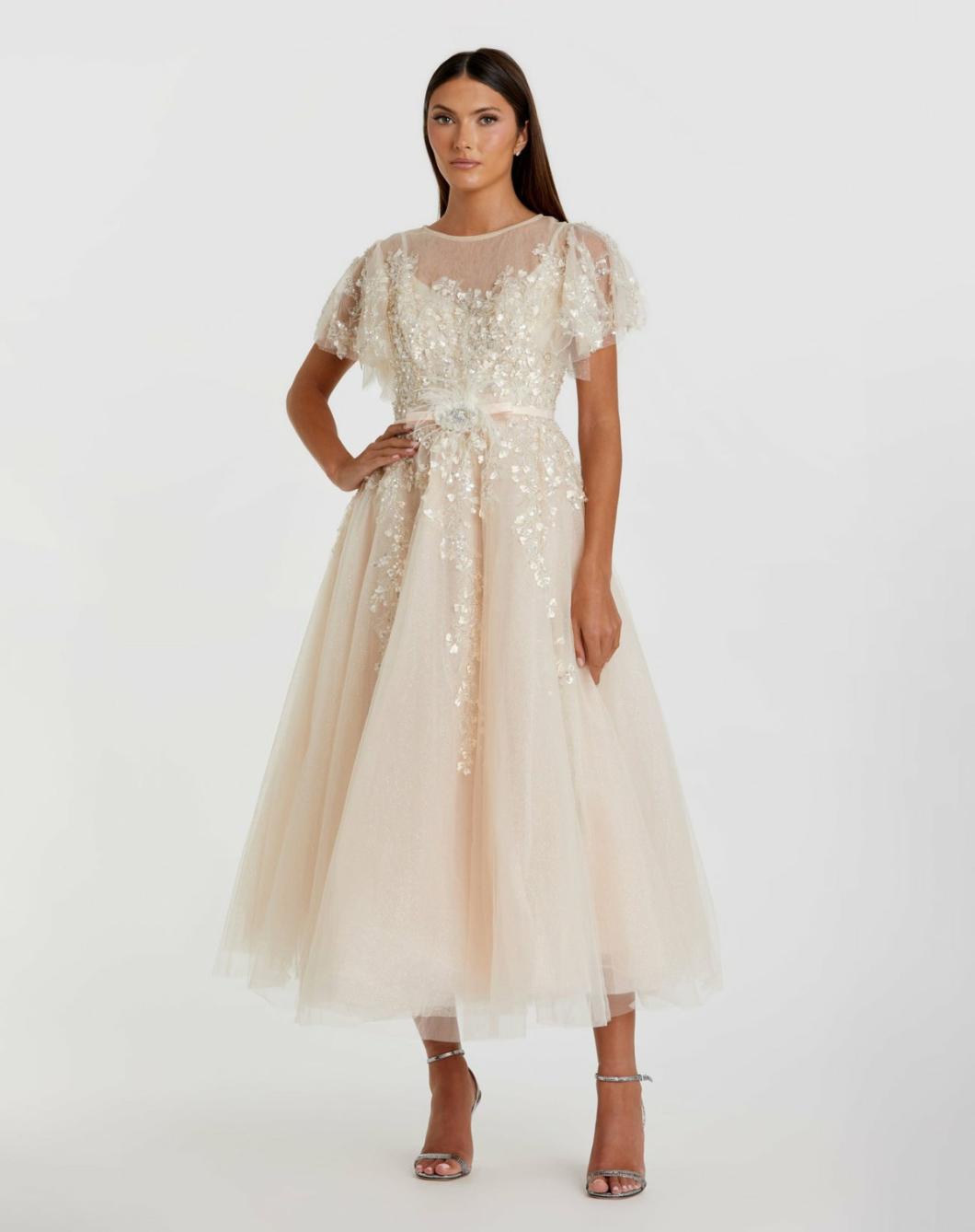 Cocktail Dresses | Women Mac Duggal Embellished Flutter Sleeve Bow Waist A Line Dress Nude