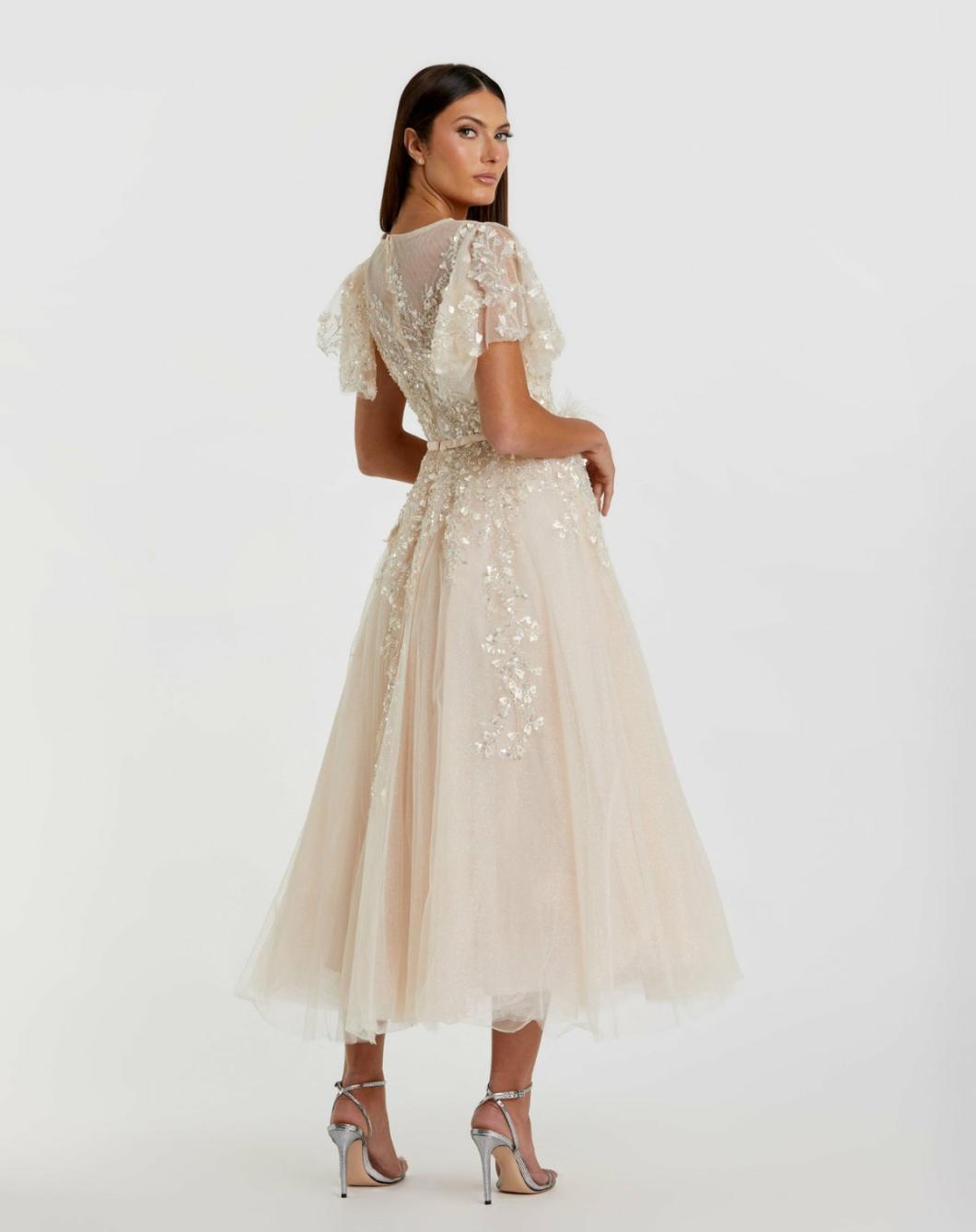 Cocktail Dresses | Women Mac Duggal Embellished Flutter Sleeve Bow Waist A Line Dress Nude