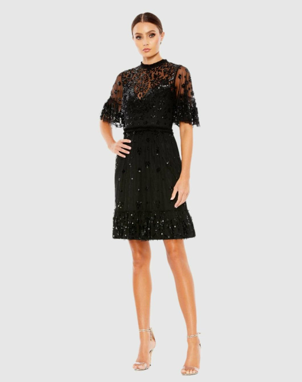 Cocktail Dresses | Women Mac Duggal Embellished Illusion High Neck Mini Dress Black