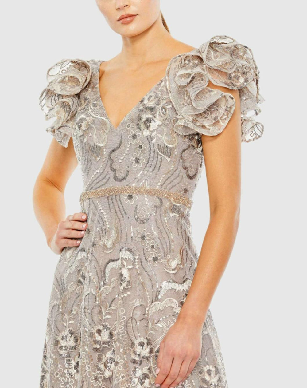 Cocktail Dresses | Women Mac Duggal Embellished Ruffled Cap Sleeve A Line Dress Champagne