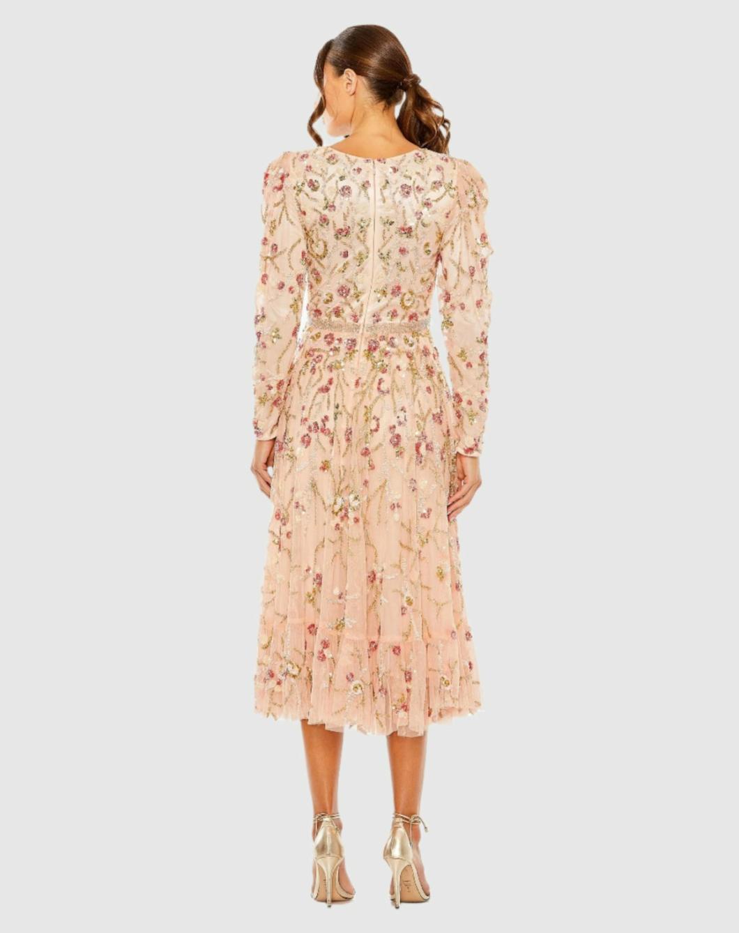 Cocktail Dresses | Women Mac Duggal Floral Embellished Wrap Over Puff Sleeve A Line Dress Blush Multi