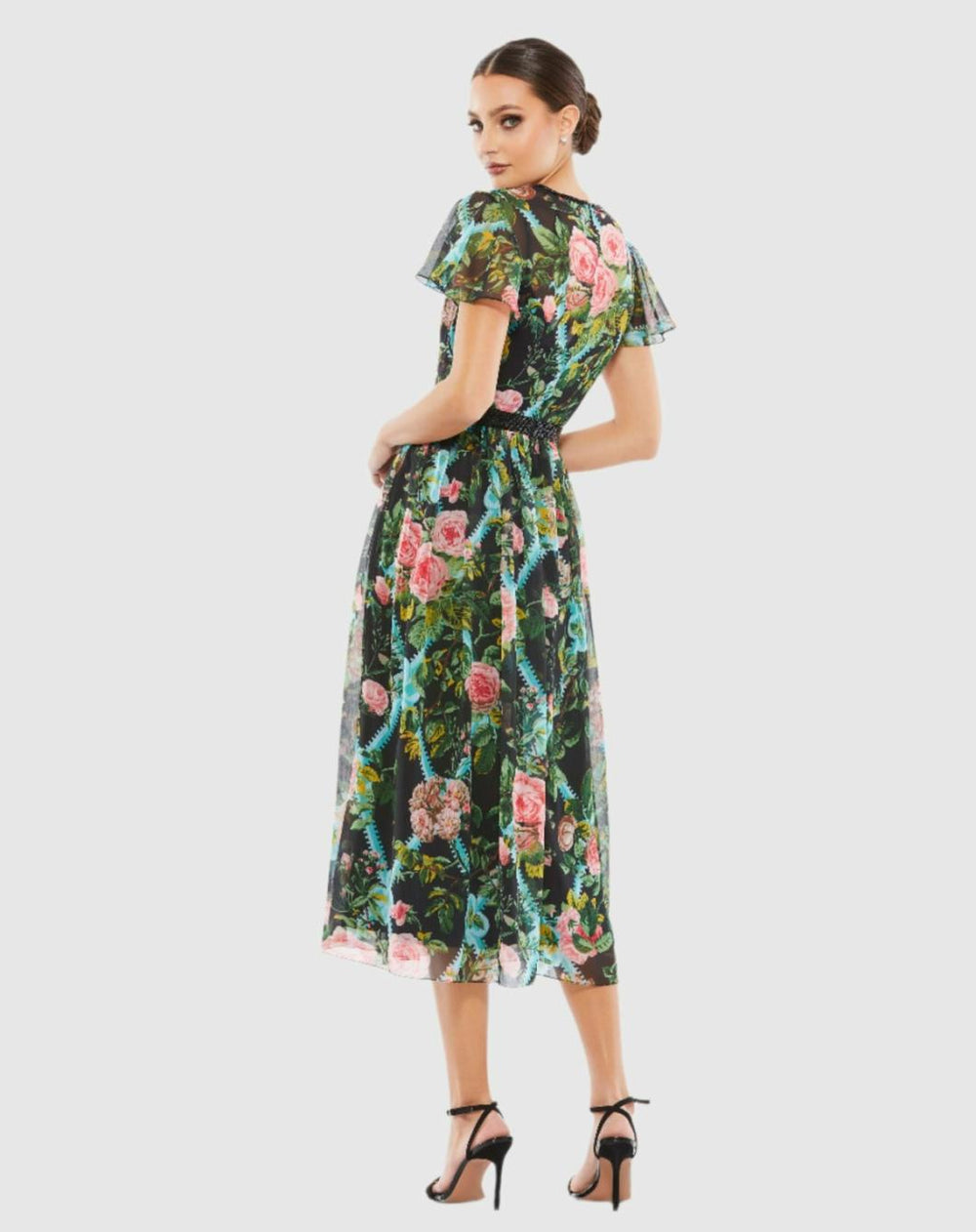 Cocktail Dresses | Women Mac Duggal Floral Illusion Cap Sleeve Midi Dress Black Multi