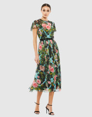 Cocktail Dresses | Women Mac Duggal Floral Illusion Cap Sleeve Midi Dress Black Multi