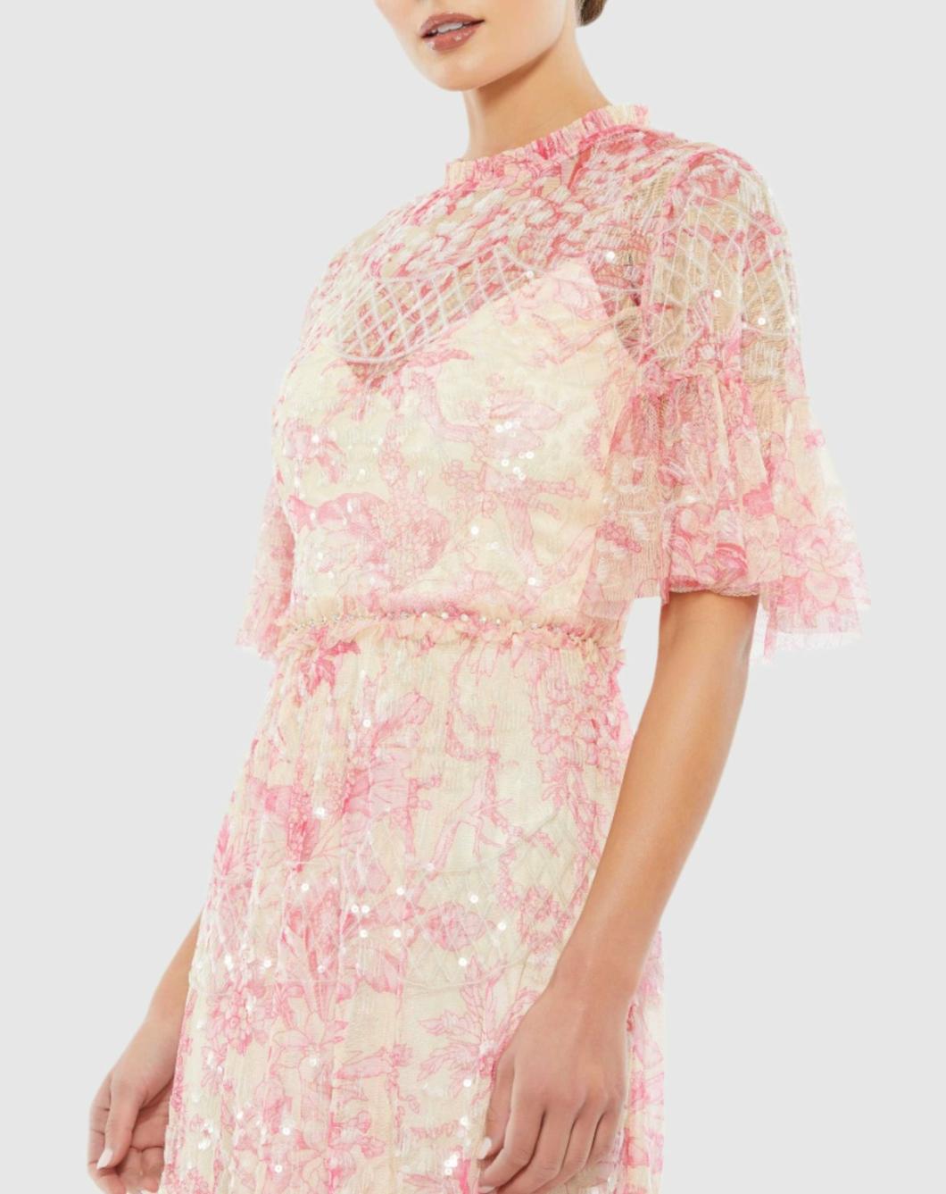 Cocktail Dresses | Women Mac Duggal Flounce Sleeve Floral Embellished Dress Blush Multi