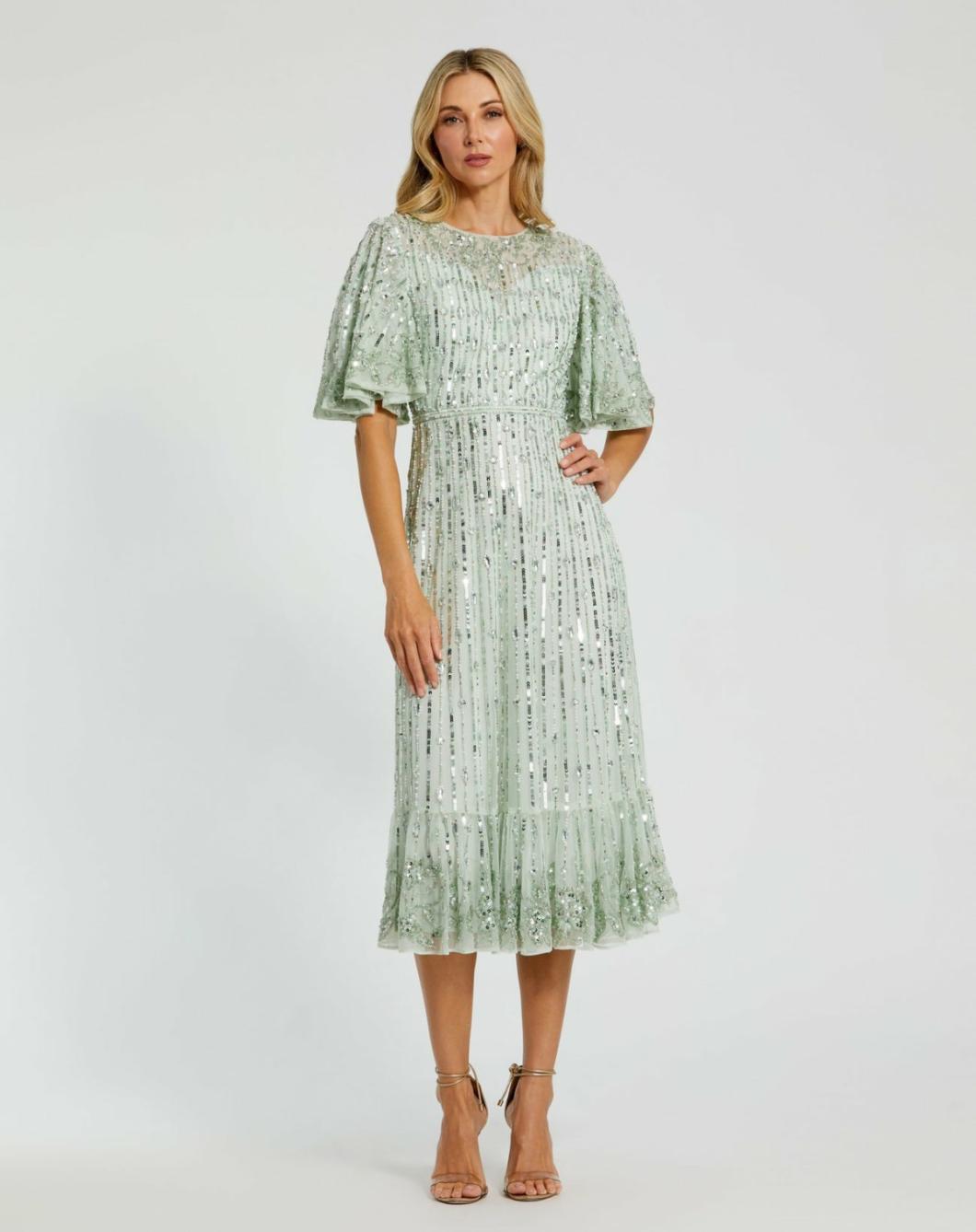 Cocktail Dresses | Women Mac Duggal Flounce Sleeve Midi Dress Sage