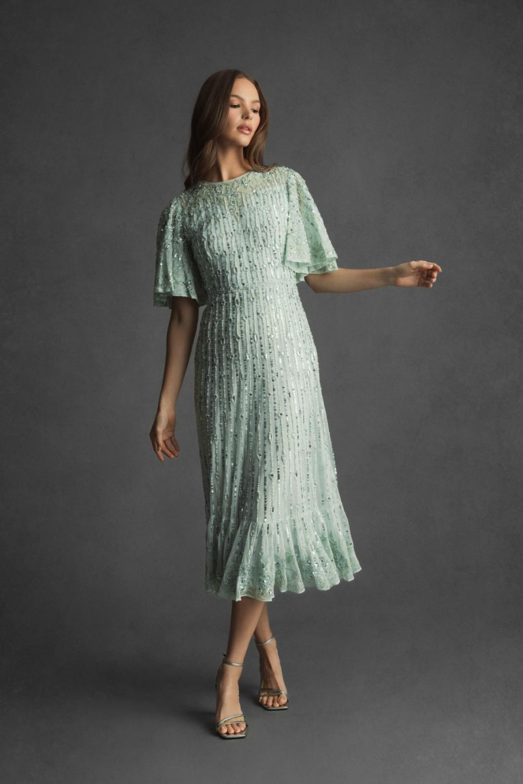 Cocktail Dresses | Women Mac Duggal Flounce Sleeve Midi Dress Sage