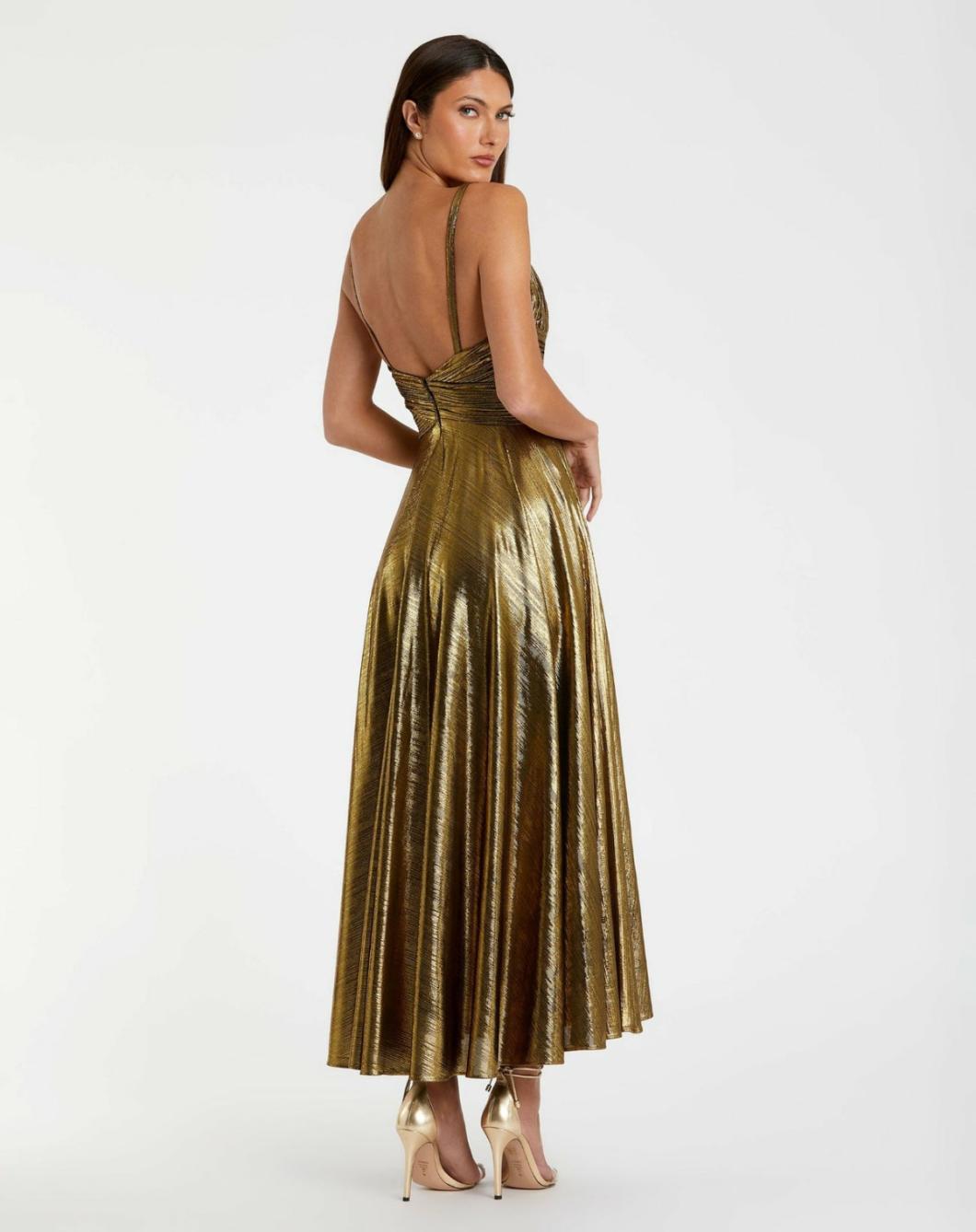 Cocktail Dresses | Women Mac Duggal Gold Sleeveless V Neck Pleated Top Metallic Dress Antique Gold