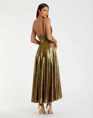 Cocktail Dresses | Women Mac Duggal Gold Sleeveless V Neck Pleated Top Metallic Dress Antique Gold