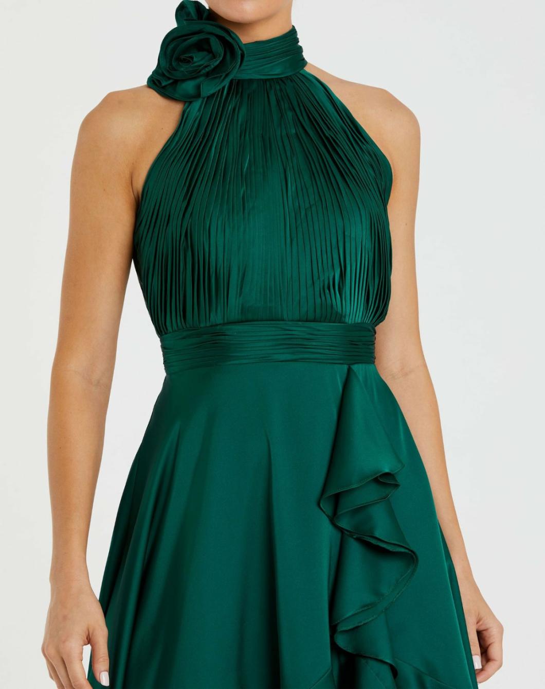 Cocktail Dresses | Women Mac Duggal Green Halter Neck Flower Detail Ruffled Midi Dress Emerald