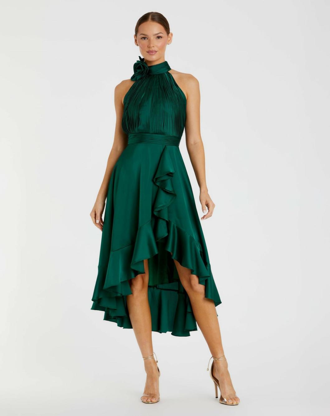Cocktail Dresses | Women Mac Duggal Green Halter Neck Flower Detail Ruffled Midi Dress Emerald