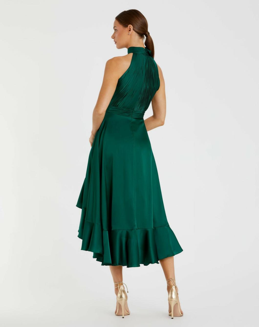 Cocktail Dresses | Women Mac Duggal Green Halter Neck Flower Detail Ruffled Midi Dress Emerald