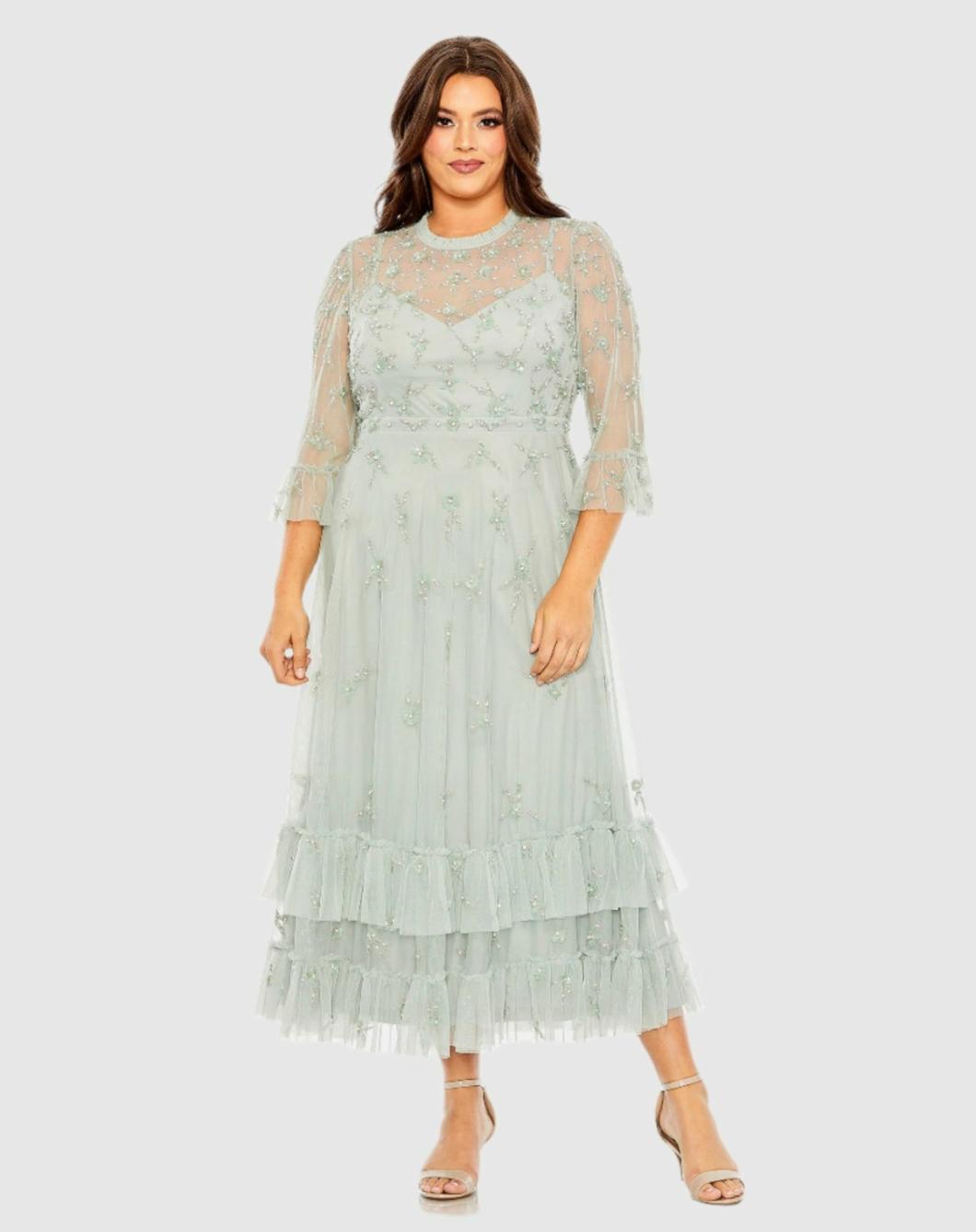 Cocktail Dresses | Women Mac Duggal Green High Neck Embellished Flutter Half Length Sleeve Dress Sage