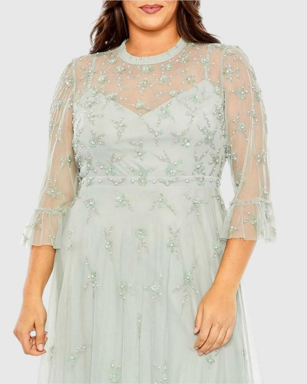 Cocktail Dresses | Women Mac Duggal Green High Neck Embellished Flutter Half Length Sleeve Dress Sage