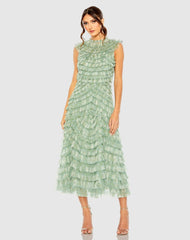 Cocktail Dresses | Women Mac Duggal Green High Neck Micro Ruffle Dress Green Multi