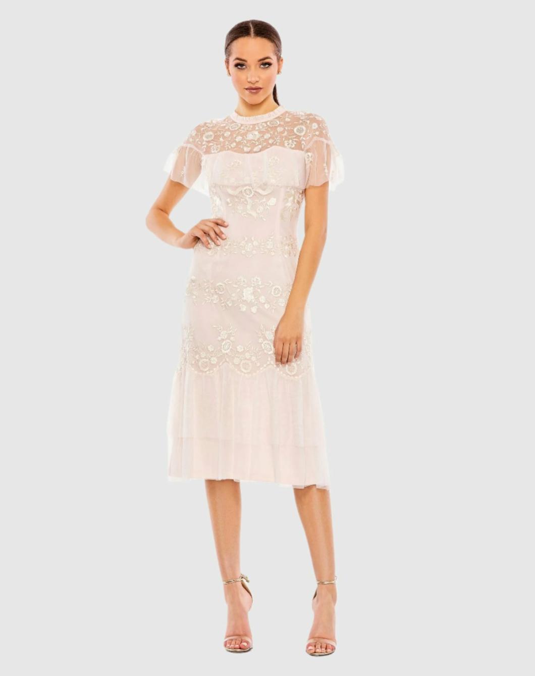 Cocktail Dresses | Women Mac Duggal High Neck Mesh Tier Embroidered Dress Blush