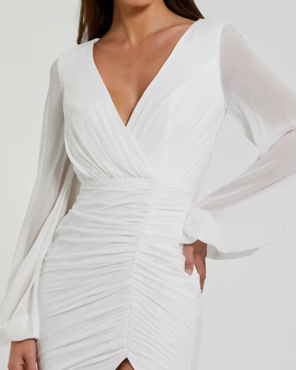 Cocktail Dresses | Women Mac Duggal Long Blouson Sleeve Ruched Mini Dress White