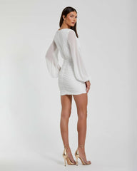 Cocktail Dresses | Women Mac Duggal Long Blouson Sleeve Ruched Mini Dress White