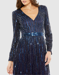 Cocktail Dresses | Women Mac Duggal Navy Long Sleeve Tea Length Dress Midnight