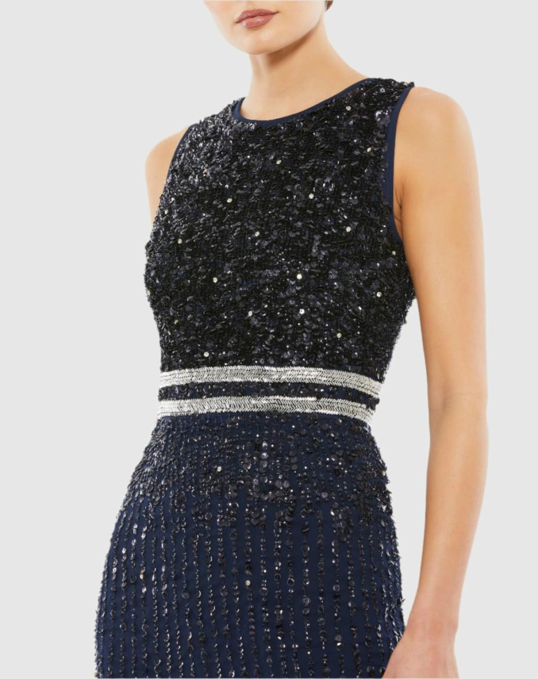 Cocktail Dresses | Women Mac Duggal Navy Sleeveless High Neck Beaded Midi Sheath Dress Navy