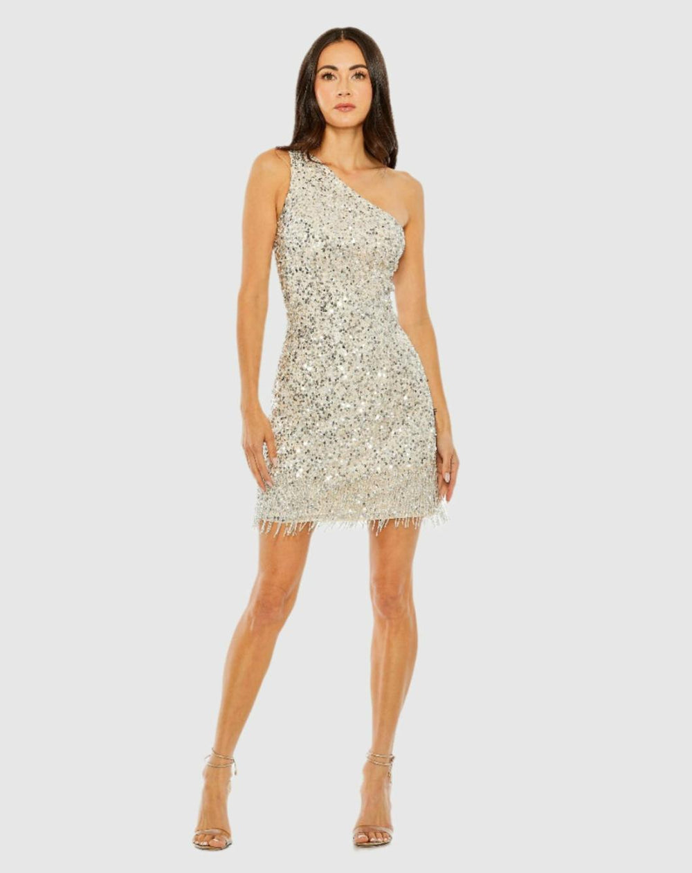 Cocktail Dresses | Women Mac Duggal One Shoulder Embellished Fringe Detail Dress Silver Nude
