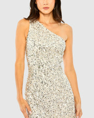 Cocktail Dresses | Women Mac Duggal One Shoulder Embellished Fringe Detail Dress Silver Nude