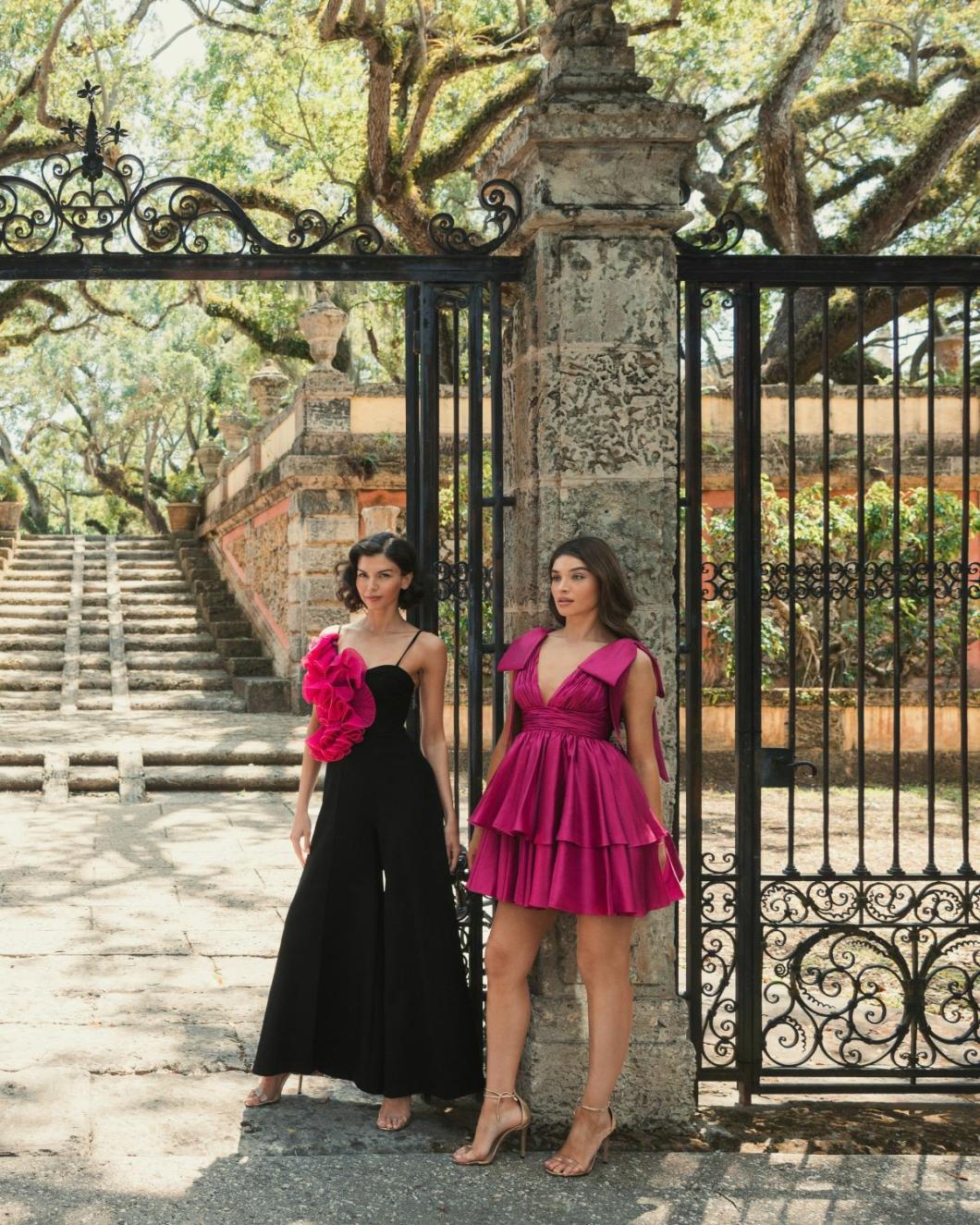 Cocktail Dresses | Women Mac Duggal Oversized Bow Deep V Ruffle Mini Dress Fuchsia