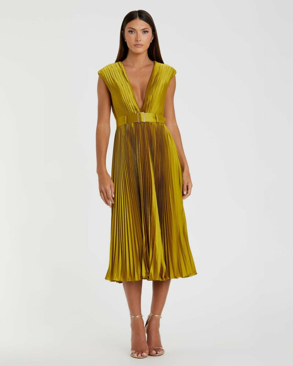 Cocktail Dresses | Women Mac Duggal Pleated Cap Sleeve Belted A Line Dress Chartreuse