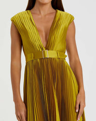 Cocktail Dresses | Women Mac Duggal Pleated Cap Sleeve Belted A Line Dress Chartreuse