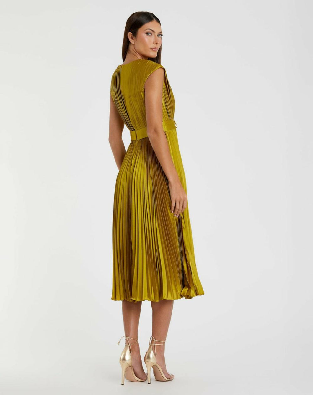 Cocktail Dresses | Women Mac Duggal Pleated Cap Sleeve Belted A Line Dress Chartreuse