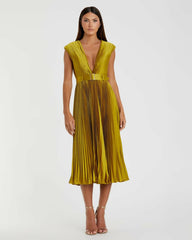 Cocktail Dresses | Women Mac Duggal Pleated Cap Sleeve Belted A Line Dress Chartreuse