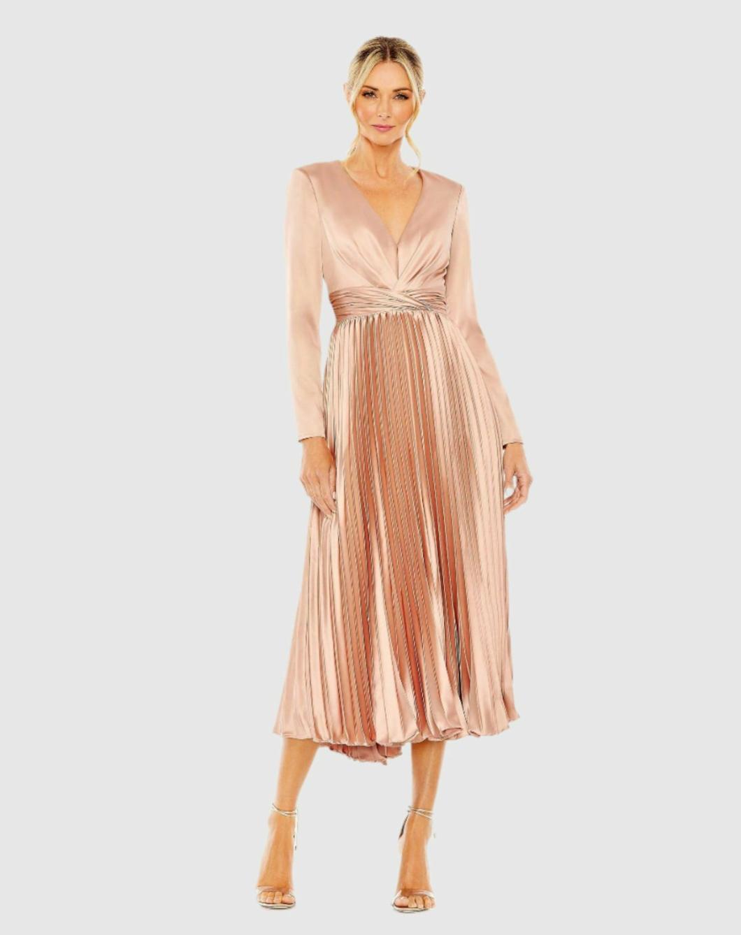 Cocktail Dresses | Women Mac Duggal Pleated Long Sleeve V-Neck Dress Rose