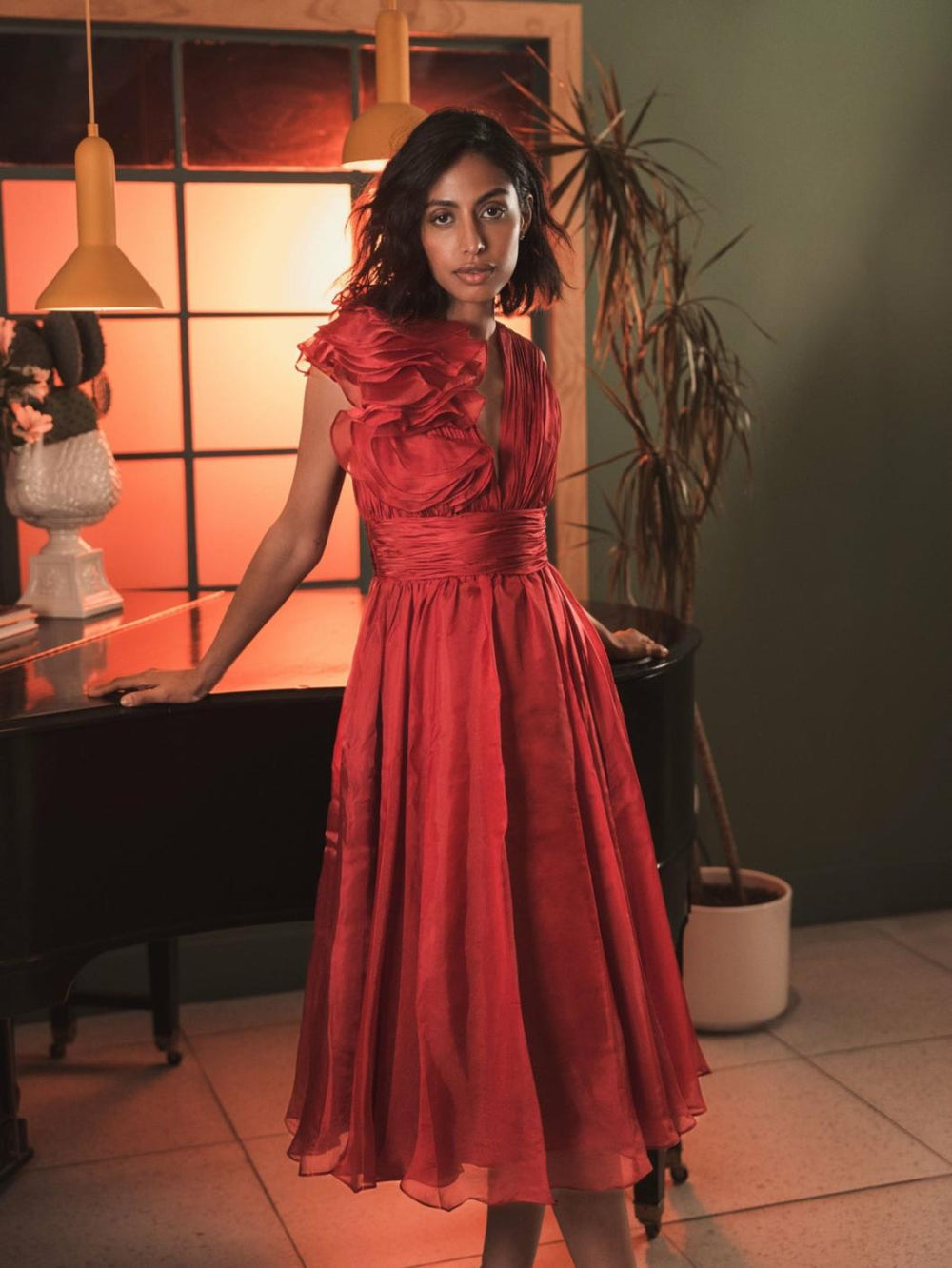 Cocktail Dresses | Women Mac Duggal Red Sleeveless Chiffon A-Line Tea Length Cocktail Dress Wine