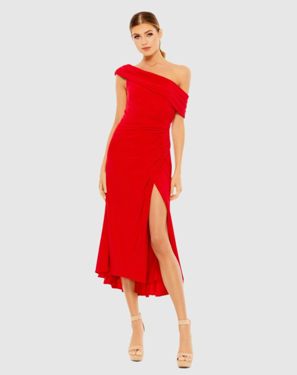 Cocktail Dresses | Women Mac Duggal Ruched Off-The-Shoulder Midi Dress Red