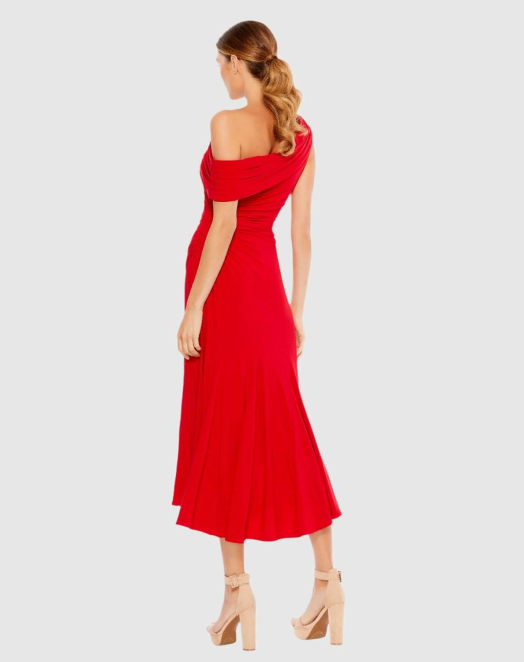 Cocktail Dresses | Women Mac Duggal Ruched Off-The-Shoulder Midi Dress Red