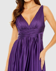 Cocktail Dresses | Women Mac Duggal Ruched Top Satin Pleated Tea Length Dress Purple