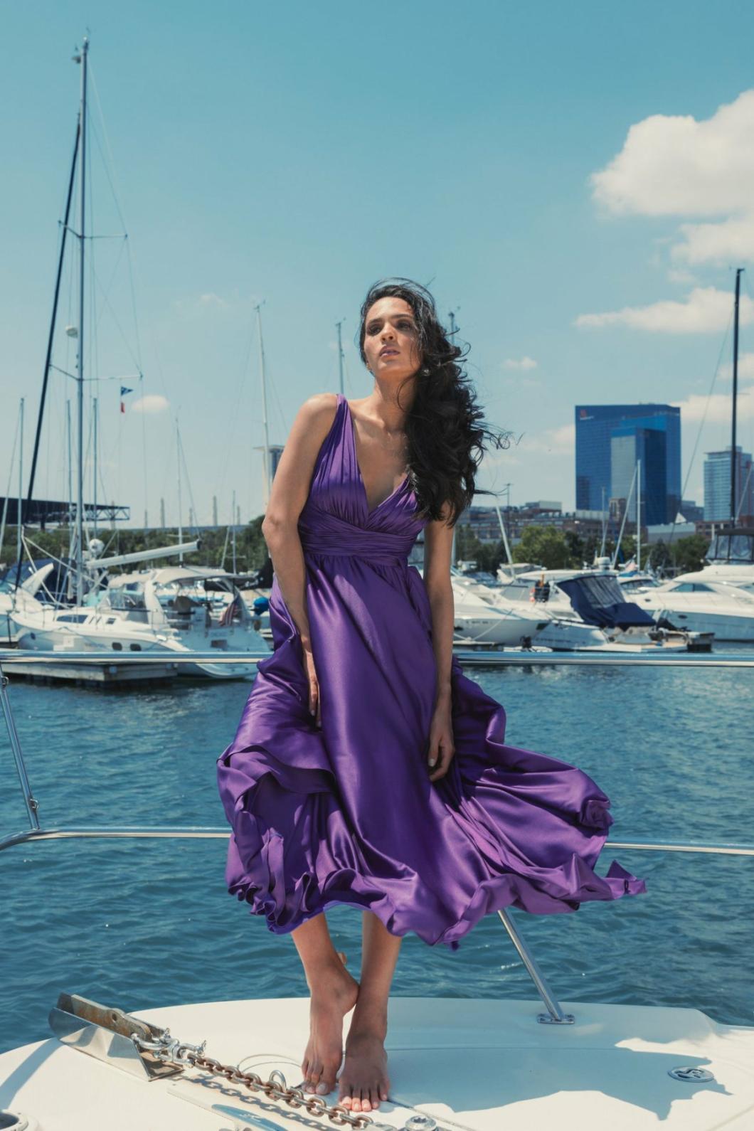 Cocktail Dresses | Women Mac Duggal Ruched Top Satin Pleated Tea Length Dress Purple