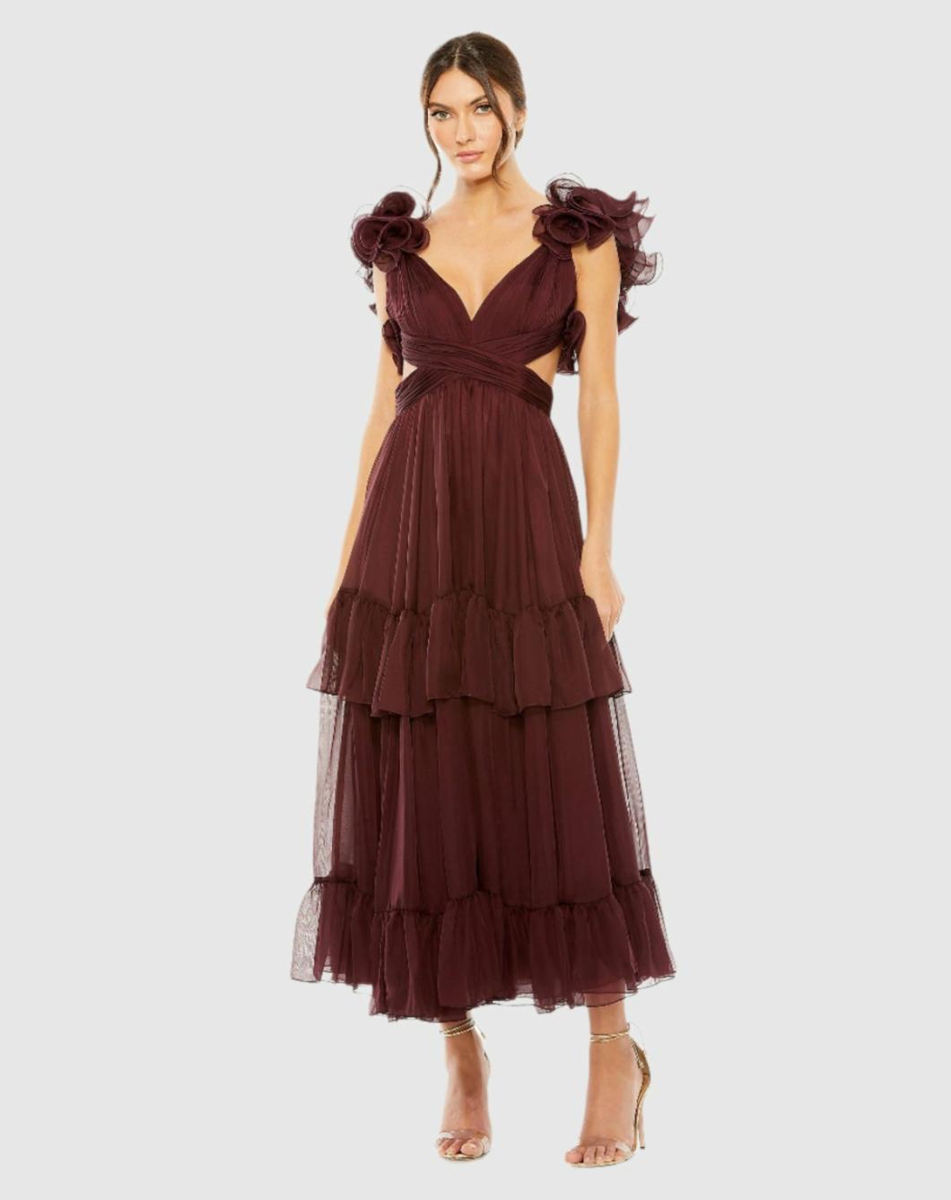 Cocktail Dresses | Women Mac Duggal Ruffle Tiered Cut-Out Chiffon Dress Bordeaux