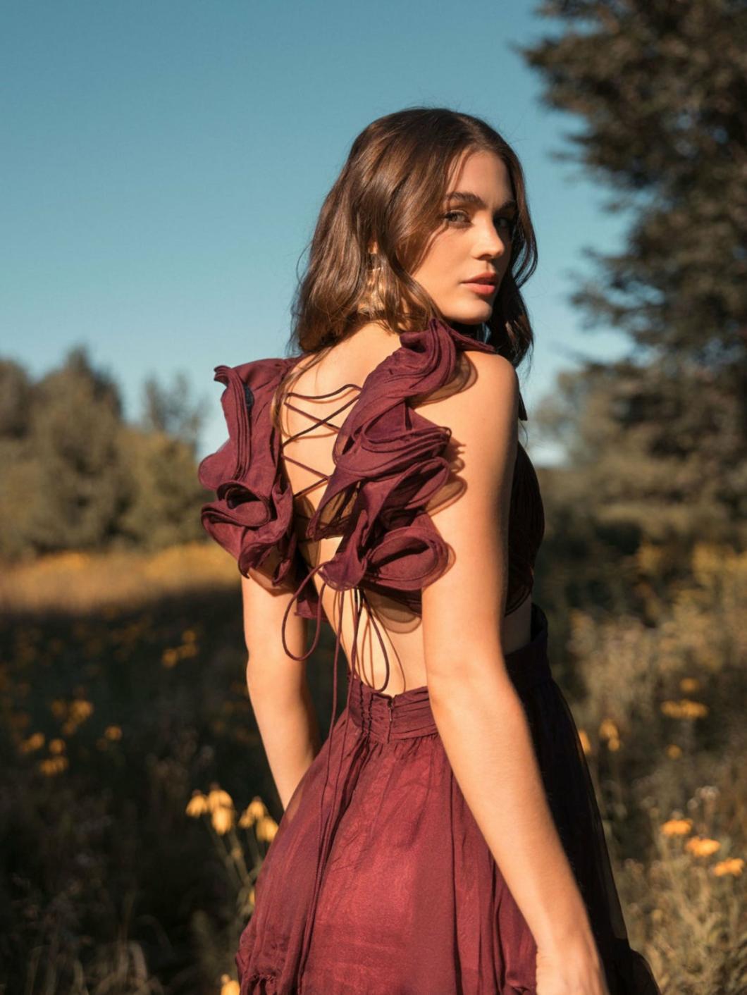 Cocktail Dresses | Women Mac Duggal Ruffle Tiered Cut-Out Chiffon Dress Bordeaux