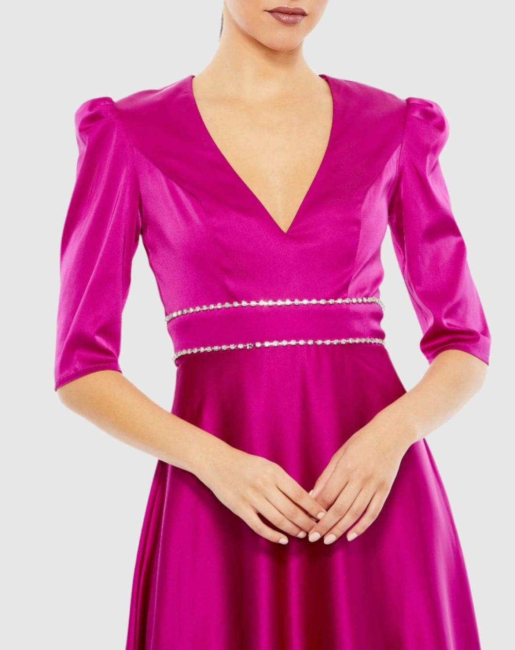 Cocktail Dresses | Women Mac Duggal Satin Rhinestone Encrusted Puff Shoulder Dress Fuchsia