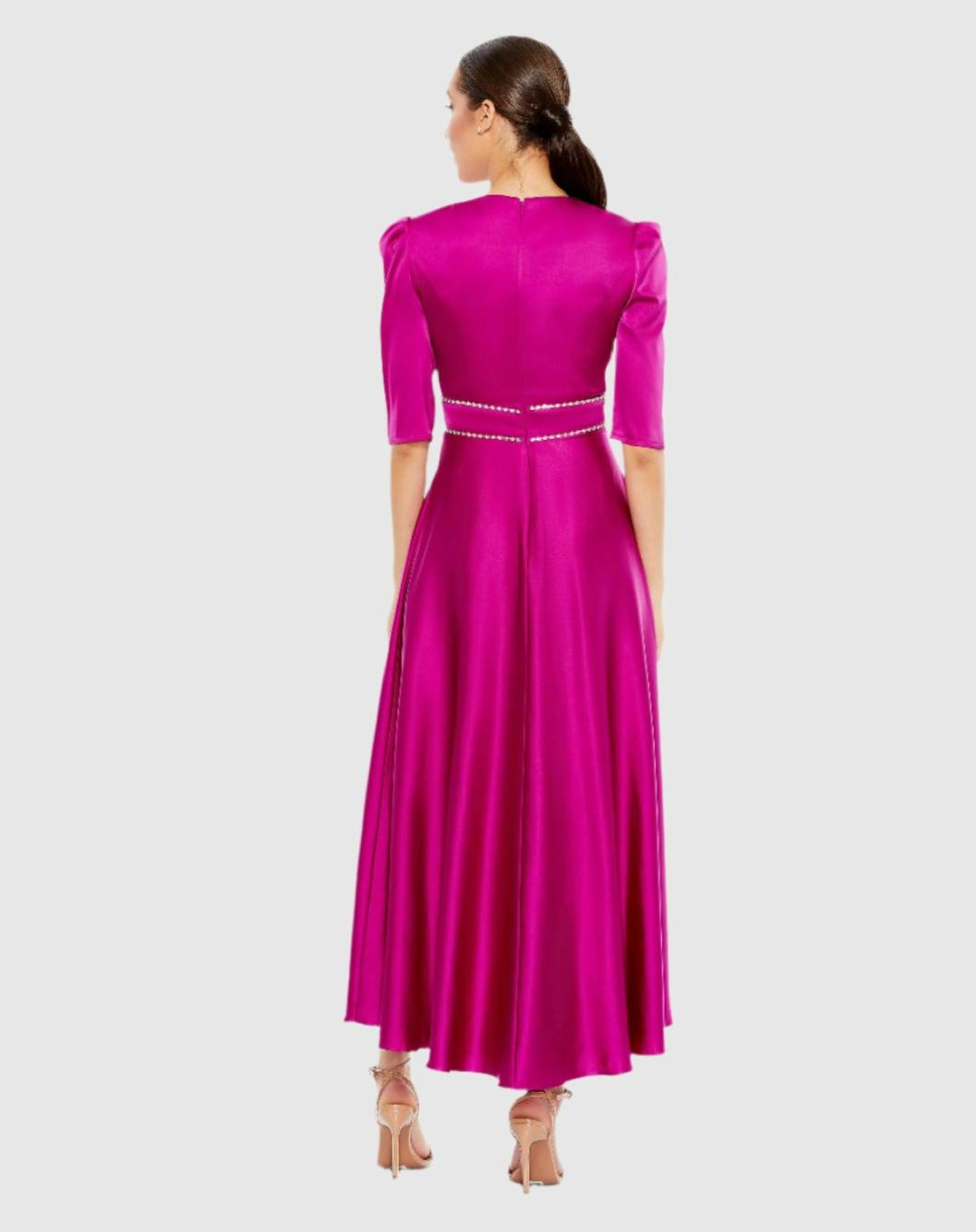 Cocktail Dresses | Women Mac Duggal Satin Rhinestone Encrusted Puff Shoulder Dress Fuchsia