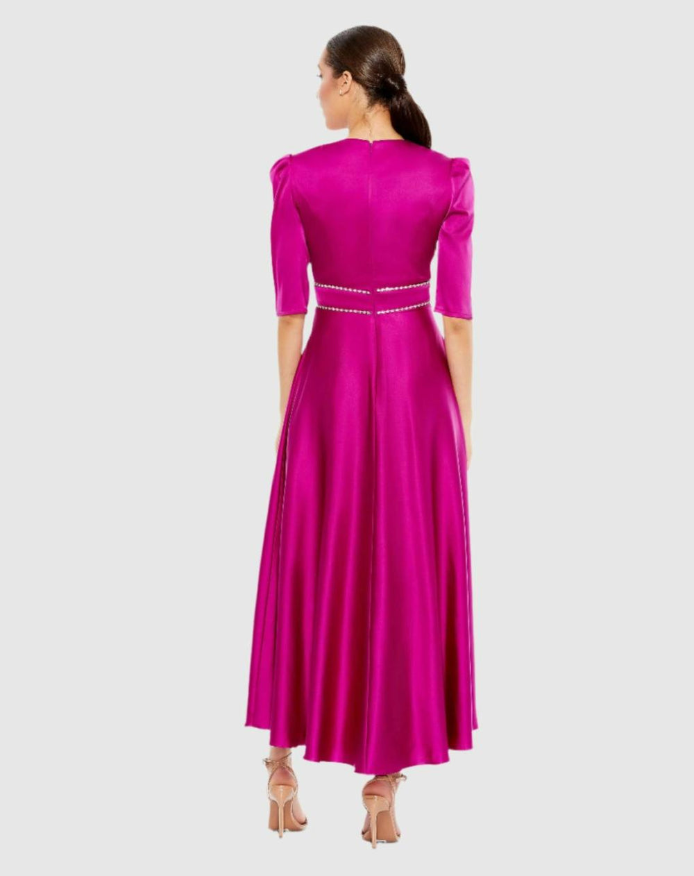 Cocktail Dresses | Women Mac Duggal Satin Rhinestone Encrusted Puff Shoulder Dress Fuchsia