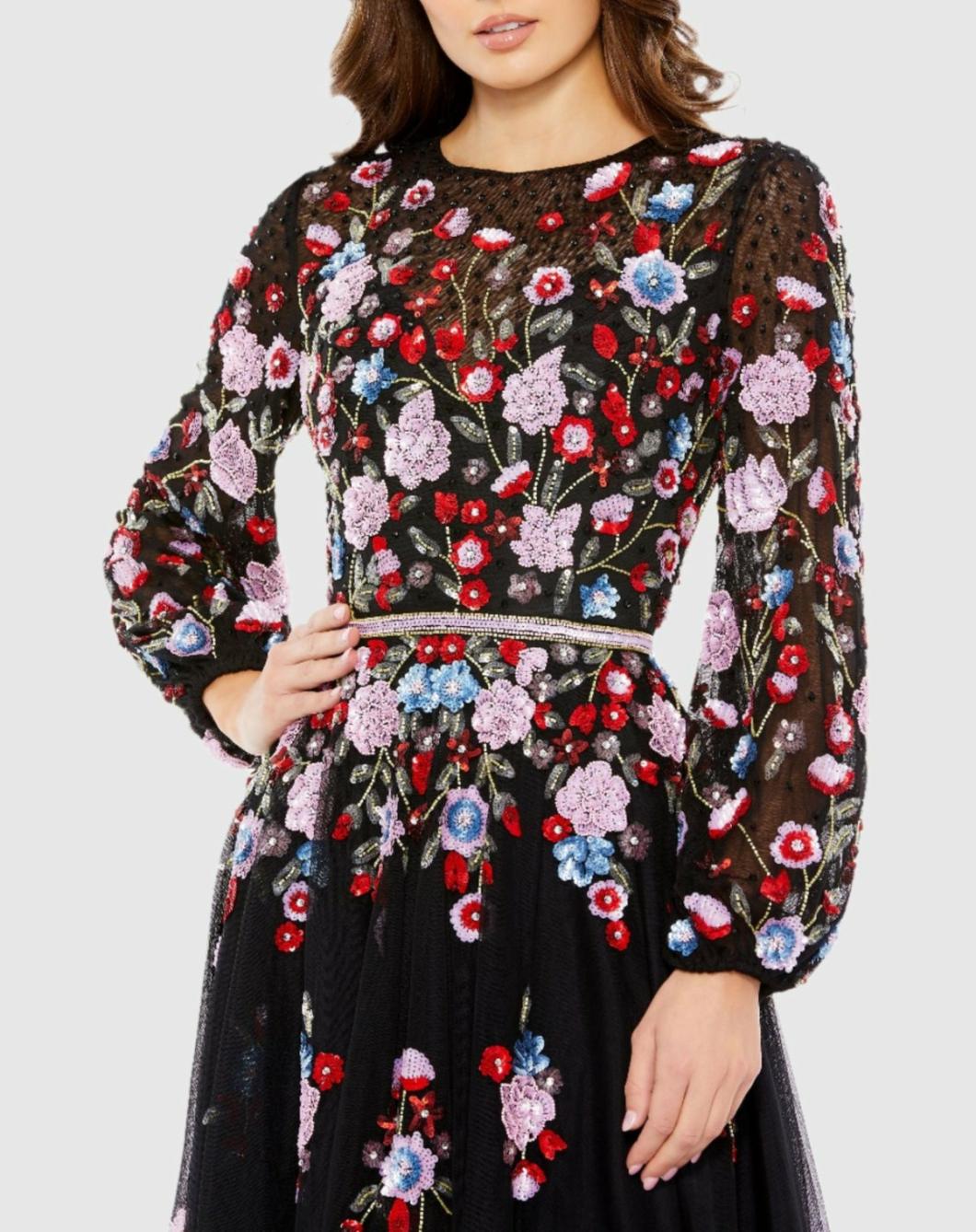 Cocktail Dresses | Women Mac Duggal Sequined Floral High Neck Puff Sleeve Cocktail Dress Black Multi
