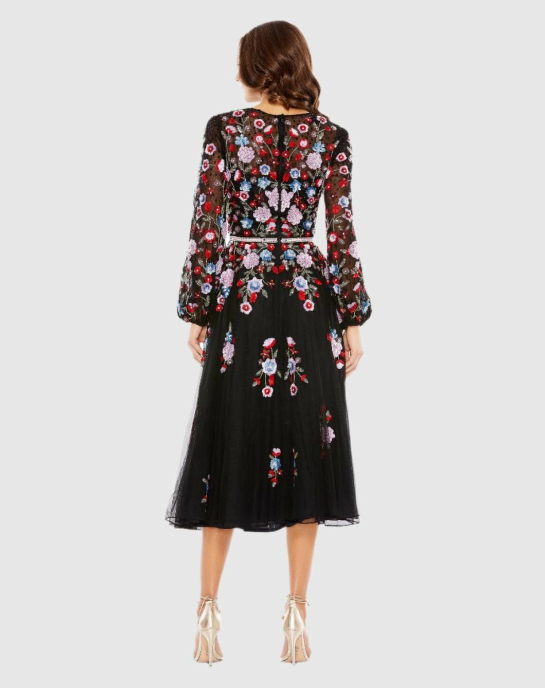 Cocktail Dresses | Women Mac Duggal Sequined Floral High Neck Puff Sleeve Cocktail Dress Black Multi