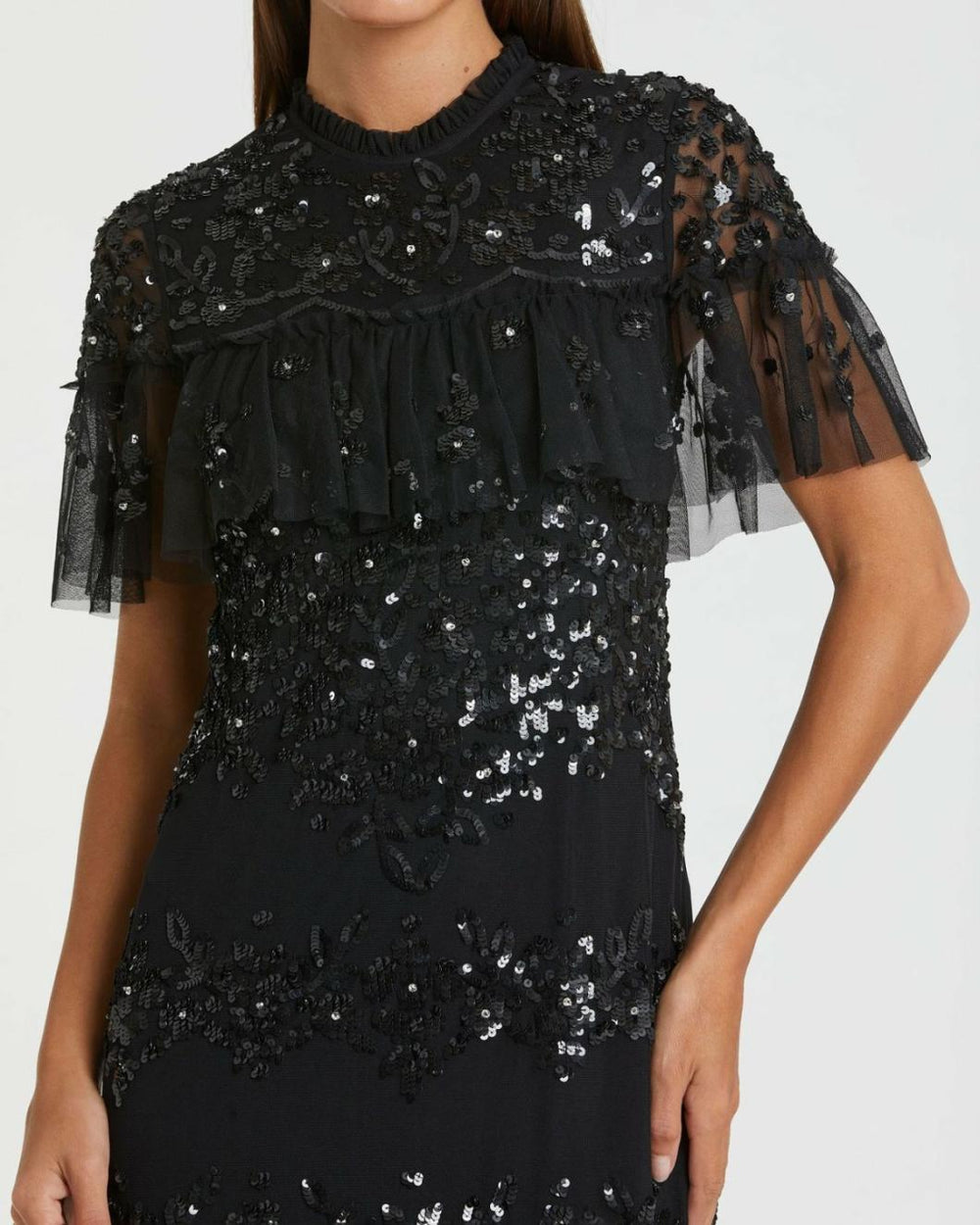 Cocktail Dresses | Women Mac Duggal Sequined High Neck Ruffled Flutter Sleeve Midi Dress Black