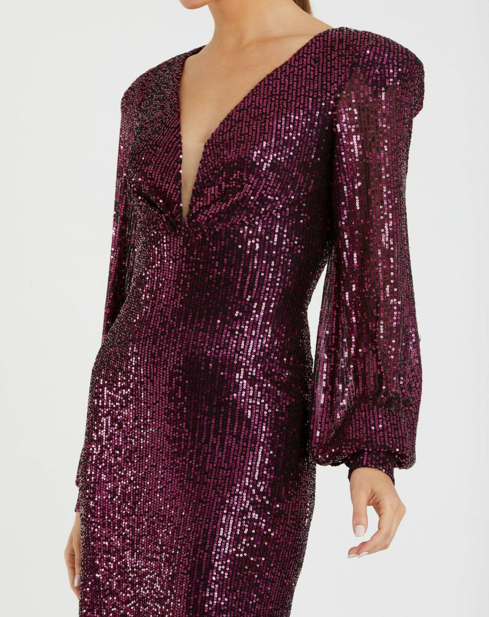 Cocktail Dresses | Women Mac Duggal Sequined Structured Bishop Sleeve Midi Dress Magenta