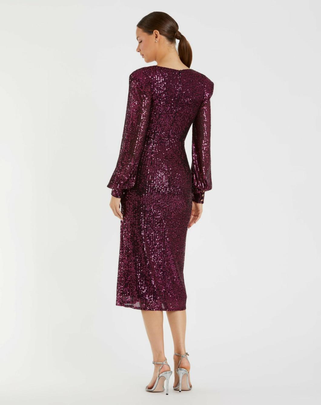 Cocktail Dresses | Women Mac Duggal Sequined Structured Bishop Sleeve Midi Dress Magenta