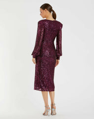 Cocktail Dresses | Women Mac Duggal Sequined Structured Bishop Sleeve Midi Dress Magenta