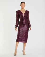 Cocktail Dresses | Women Mac Duggal Sequined Structured Bishop Sleeve Midi Dress Magenta
