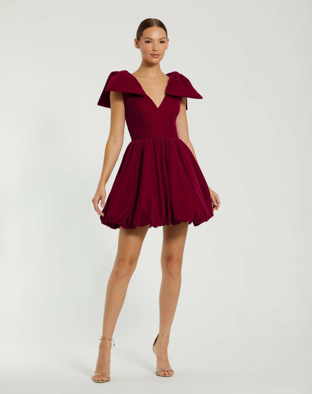 Cocktail Dresses | Women Mac Duggal Shoulder Bow Velvet Bubble Mini Dress Berry